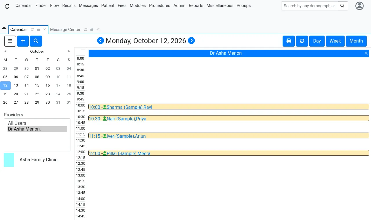 ClinicPad appointment calendar with a day's appointments (sample data)