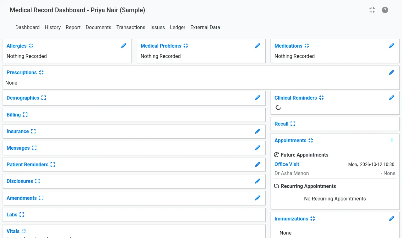 Patient medical record dashboard (sample patient)